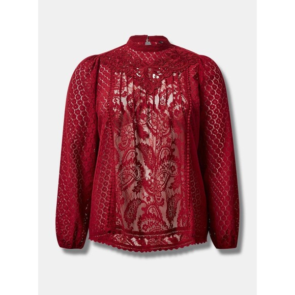 NWT Torrid 1X Rhubarb Red Mixed Lace High Neck Long Sleeve Top Blouse Size 14-16 - Picture 6 of 9